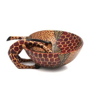 African Wood Giraffe Bowl Kenya Decor Spotted Lightweight Art Fruit Bowl Handle